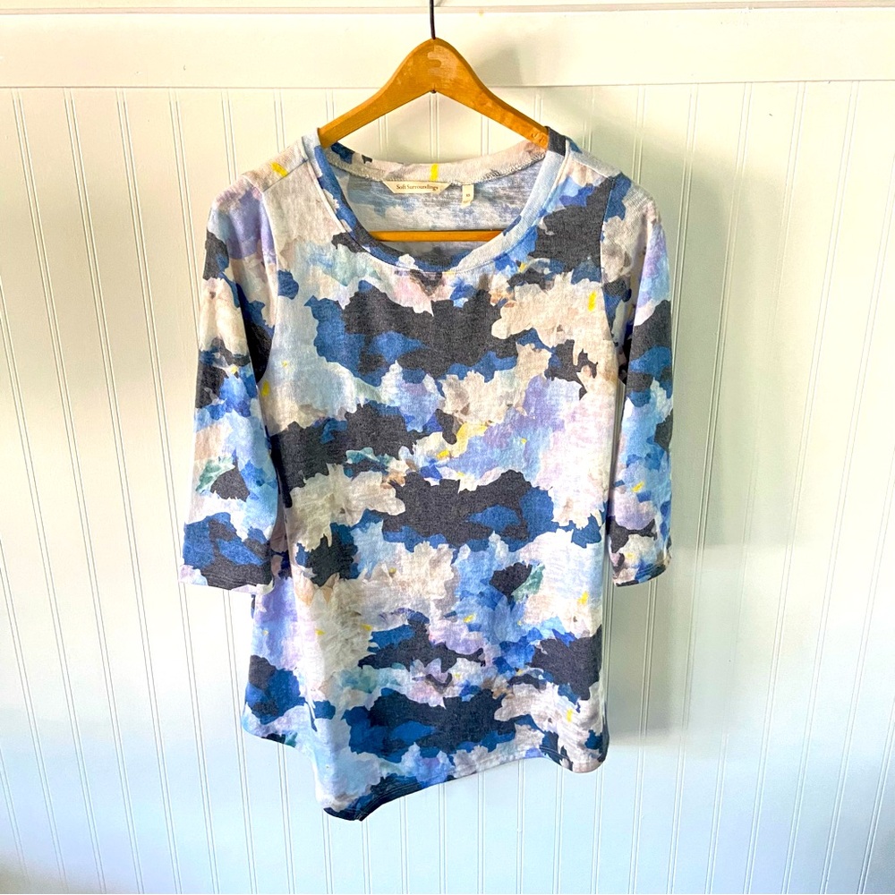 Soft Surroundings Summer Sweater XS S 3/4 Sleeve Floral Watercolor Asymmetric